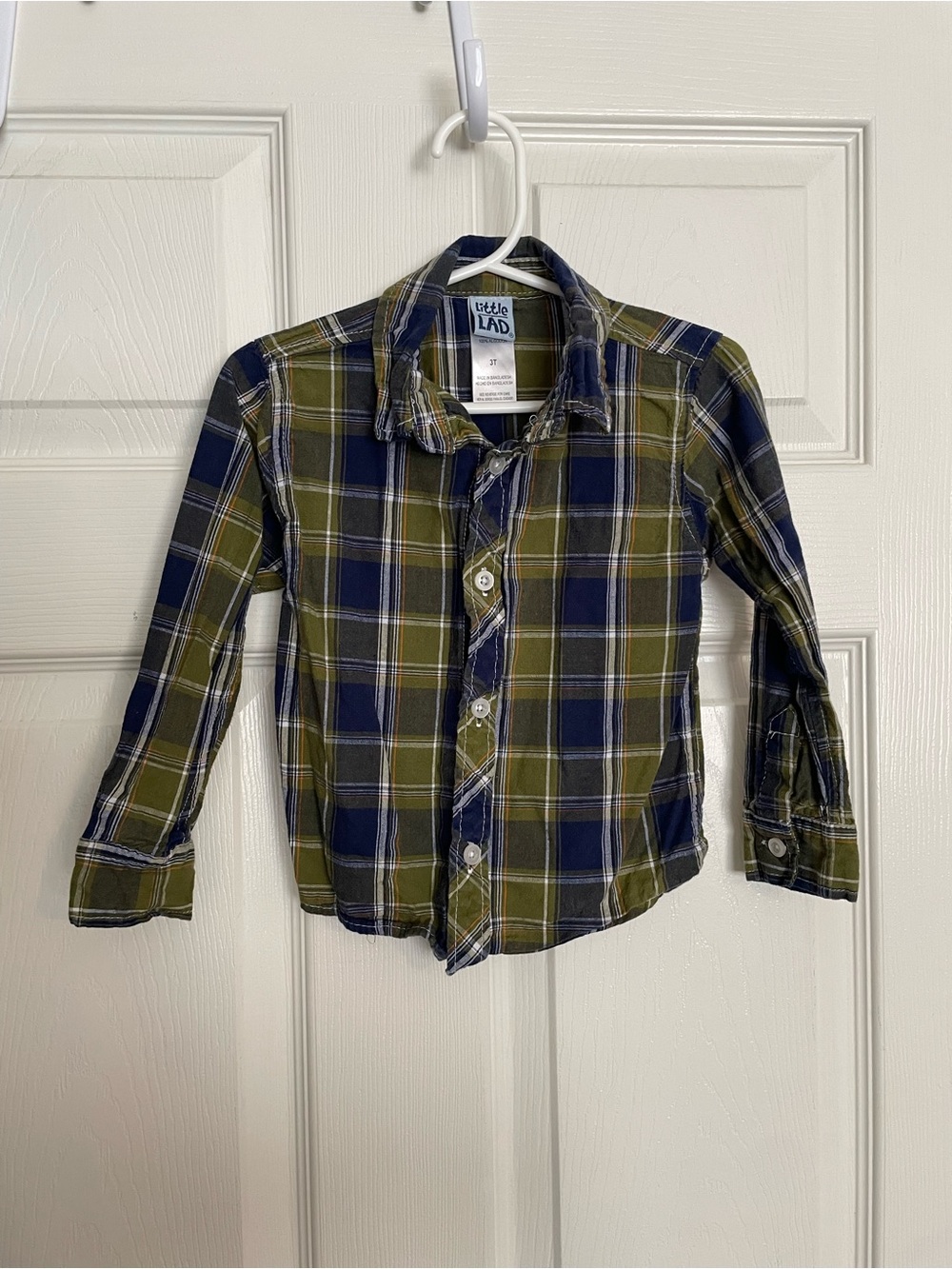 Little Lad 100% Cotton 3T Boys' Olive Green & Navy Plaid Button-Up Shirt